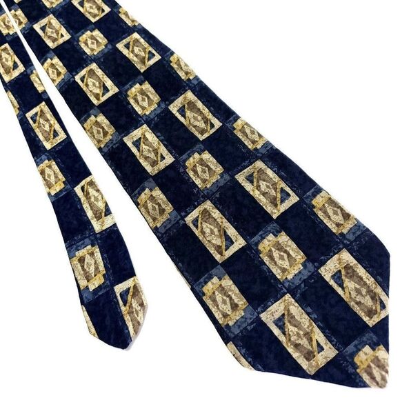 Haggar Blue Beige Silk Tie Woven Geometric Wide‎ - Picture 1 of 6